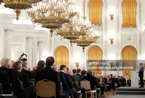 Russian President Dmitry Medvedev delivers a speech during his annual ...