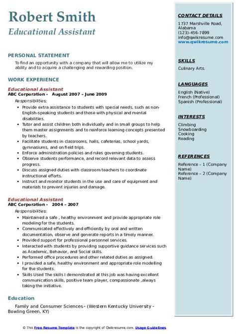 Educational Assistant Resume Samples | QwikResume