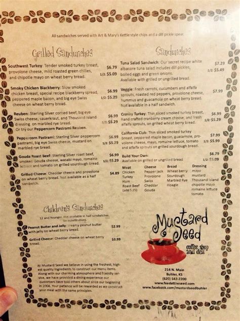 Menu at Mustard Seed restaurant, Buhler