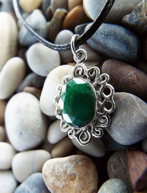 Emerald Pendant Gemstone Silver Necklace Green Handmade Precious Stone Sterling 925 Boho Jewelry