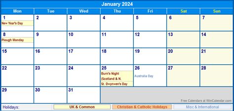 January 2024 UK Calendar with Holidays for printing (image format)