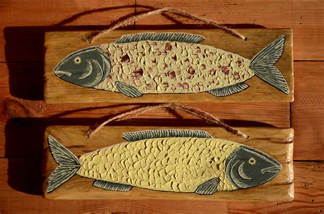 Fish painting original wood board art SET of 2 Original him | Etsy