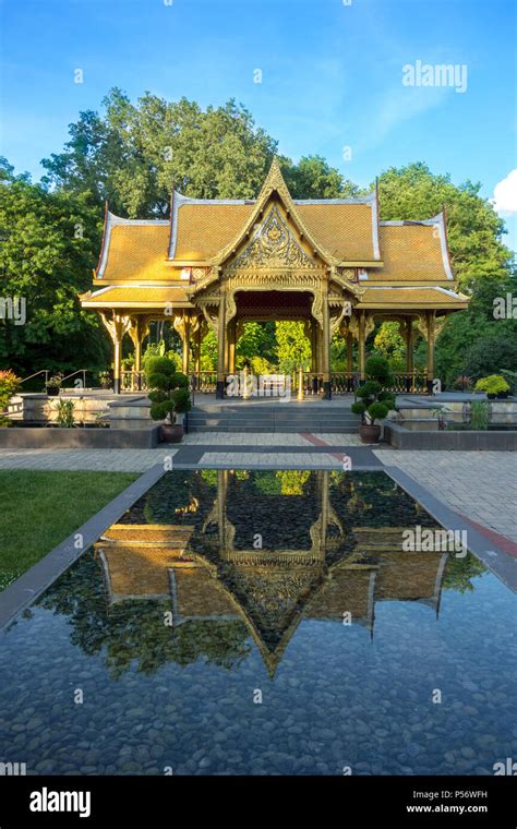 Beautiful peaceful Thai pavilion and reflecting pool in Olbrich Botanical Gardens in Madison ...