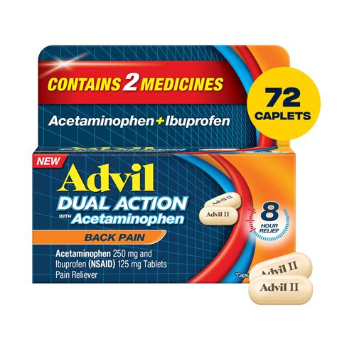 Advil Dual Action Back Pain Caplets Delivers 250Mg Ibuprofen and 500Mg Acetaminophen Per Dose ...