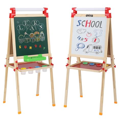 Zimtown Kids Wooden Easel, Dry Erase Board & Chalkboard, with Paper ...