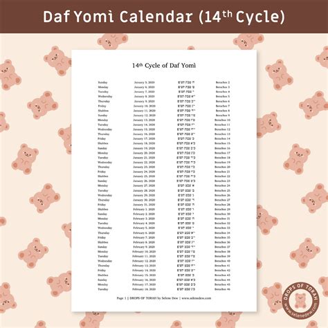 Daf Yomì Calendar - 14th Cycle (1 PDF, 56 pages)