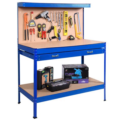 Goplus Work Bench Tool Storage Steel Tool Workshop Table W/ Drawer and Peg Board Blue - Walmart ...