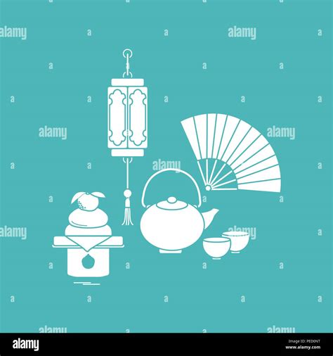 Eastern New Year symbols. Chinese lantern, kettle with two cups, fan ...