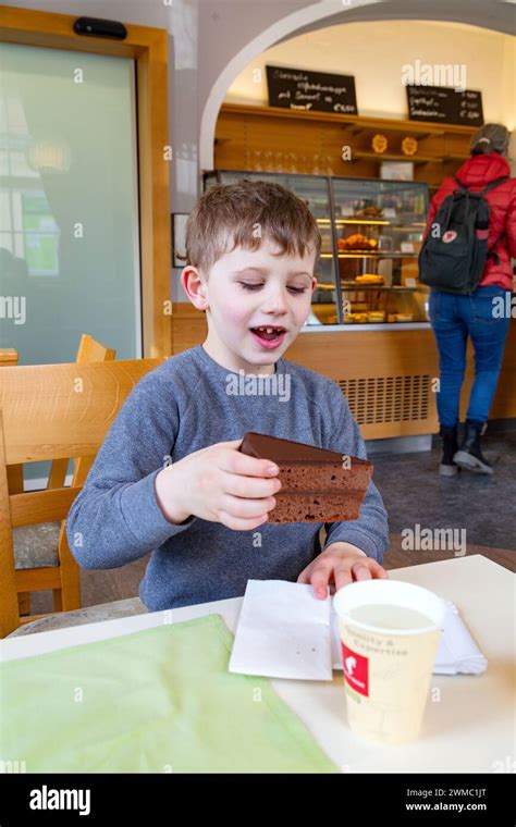 Seven year old boy eating Sachertorte, Cafe Hietzing, Schönbrunn Zoo,Vienna, Austria, Europe ...