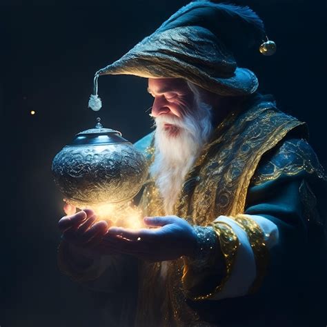 Premium AI Image | A sage man with a white beard and a hat is handling an illuminated magical ...