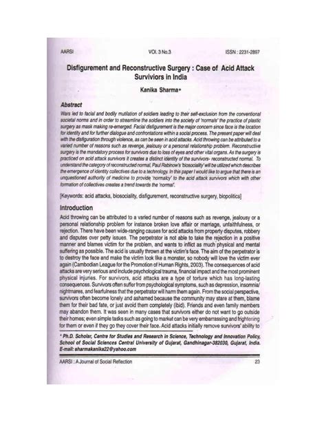 (PDF) Disfigurement and Reconstructive Surgery: case of Acid Attack Survivors in India