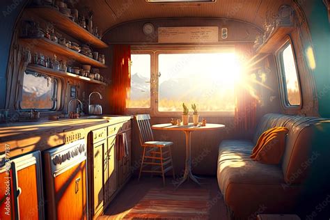 beaful interior of trailer tiny house in rays of morning sun, created with generative ai Stock ...