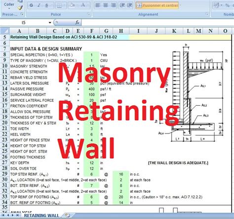 Masonry retaining wall design spreadsheet - Civil engineering program