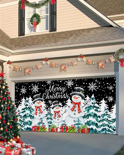 Hokiten Christmas Snowman Garage Door Cover 7x8Ft Garage Door Banner Cover, Christmas Tree ...