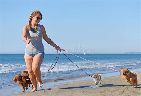 Woman and Dogs on the Beach Stock Photo - Image of motion, running: 100710174