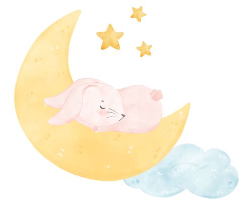 adorable pink rabbit bunny sleeping on crescent watercolor nursery cartoon 10262673 PNG