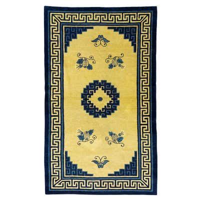 Antique Blue Chinese Peking Rug, Yellow Field, Blue and Orange Border and Tones For Sale at 1stDibs