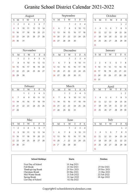 Granite School District Calendar 2021-2022 With Holidays In PDF | School District Calendars