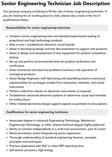 Senior Engineering Technician Job Description | Velvet Jobs