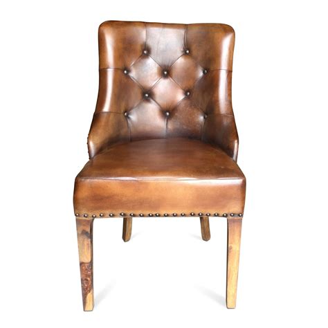 Brown Leather Dining Chair - Tufted Distressed Accent Seating - Pair ...