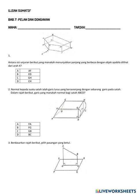 BAB 7:Pelan dan dongakan worksheet | Live Worksheets