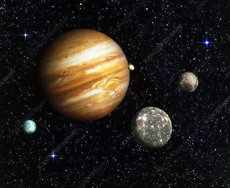 Composite image of Jupiter and its Galilean moons - Stock Image - R370/0112 - Science Photo Library