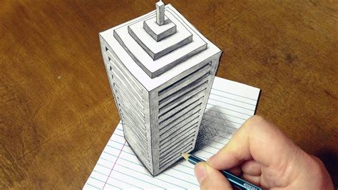 How To Draw A 3d Skyscraper On Line Paper - YouTube