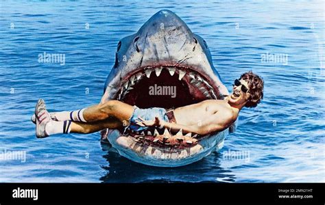 JAWS 1975 Universal Pictures film. Director Steven Spielberg poses with the model shark Stock ...