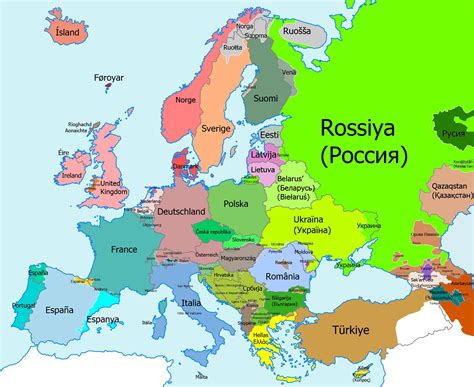 Map of Europe with countries labelled in native...