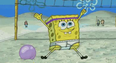 spongebob is playing volleyball in the sand