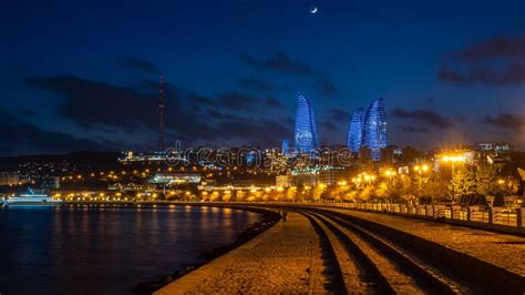 Night View of Baku with the Flame Towers Skyscrapers Stock Photo ...