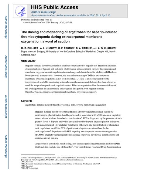 (PDF) The Dosing and Monitoring of Argatroban for Heparin-Induced Thrombocytopenia during ...