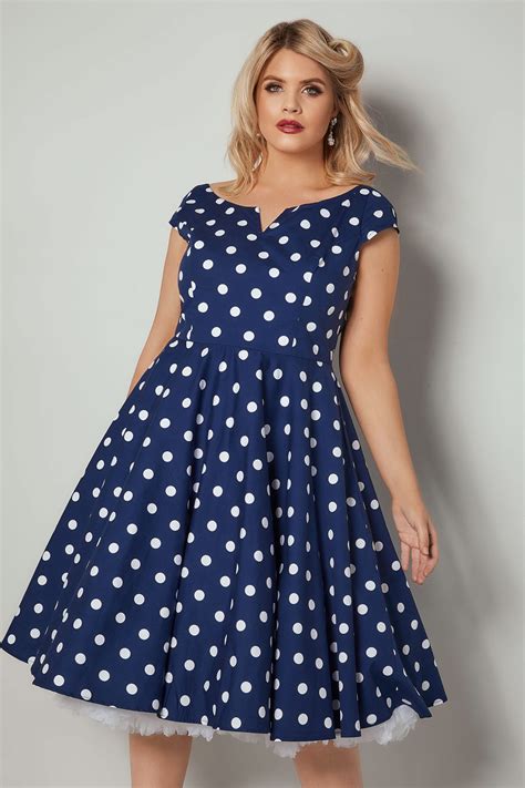 HELL BUNNY Blue & White Polka Dot Nicky Skater Dress, Plus size 16 to 32