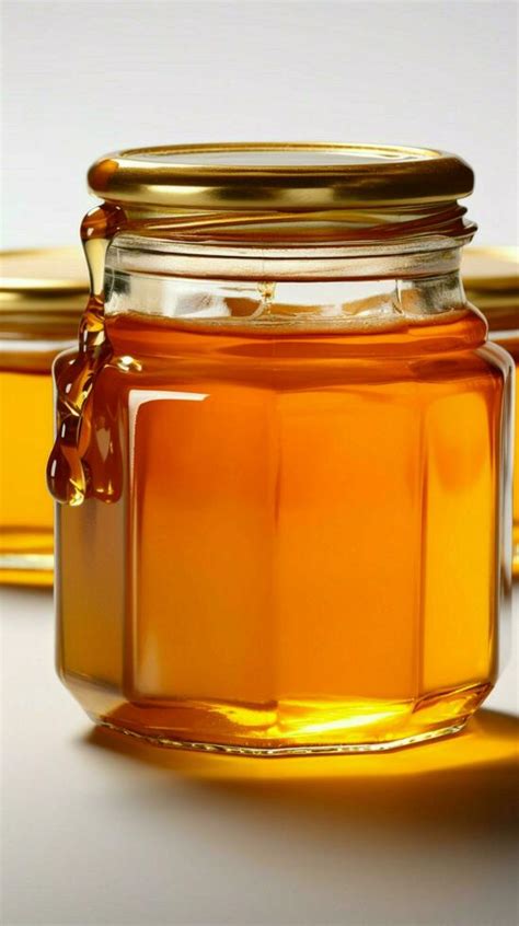 Isolated honey jar on white background, clipped path minimalist focus on natures sweetness ...