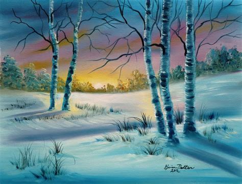 Pastel sunset on the snow with pretty white Birch Trees. Marion Dutton. Loose Watercolor ...