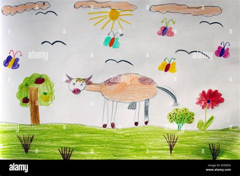 children's drawing of cow grazing on the pasture with flowers Stock ...