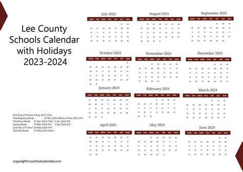 Lee County Schools Calendar with Holidays 2023-2024