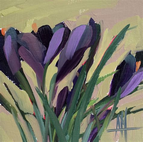 Purple Crocus original floral oil painting by Angela Moulton 6 x 6 inch on birch plywood panel ...