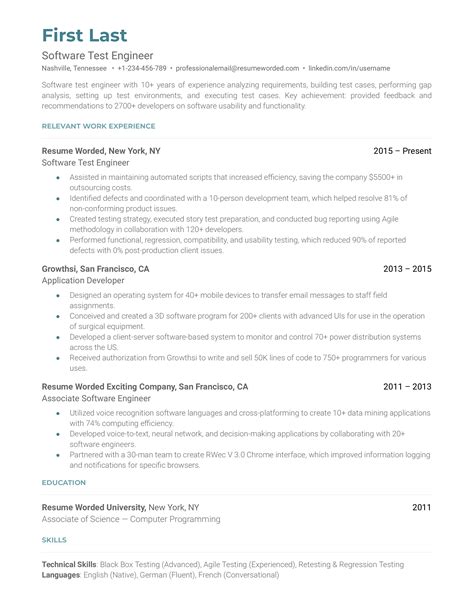 Software Test Engineer Resume Example for 2023 | Resume Worded