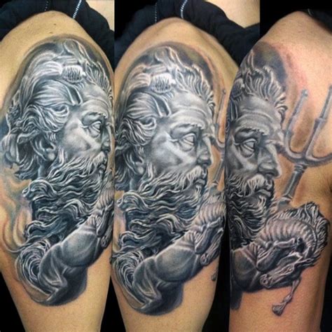 Gorgeous detailed black and white Poseidon shoulder tattoo with horses - Tattooimages.biz