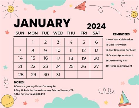 Cute Calendar January 2024 Printable - Lelah Natasha