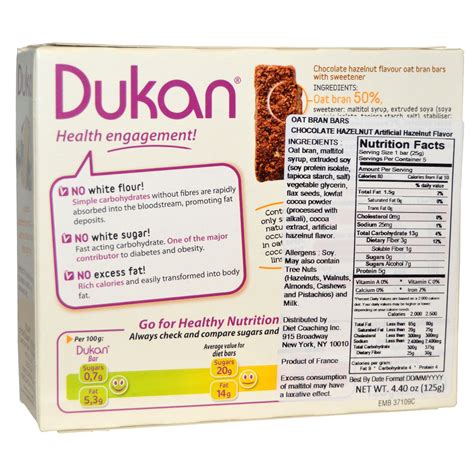 Dukan Diet, Oat Bran Bars, Chocolate Hazelnut Flavor, 5 Bars, 0.88 oz ...