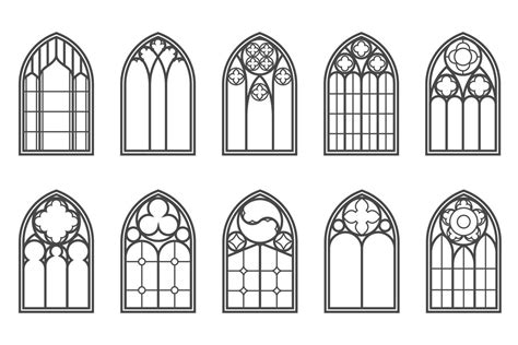 Church medieval windows set. Old gothic style architecture elements. Vector outline illustration ...