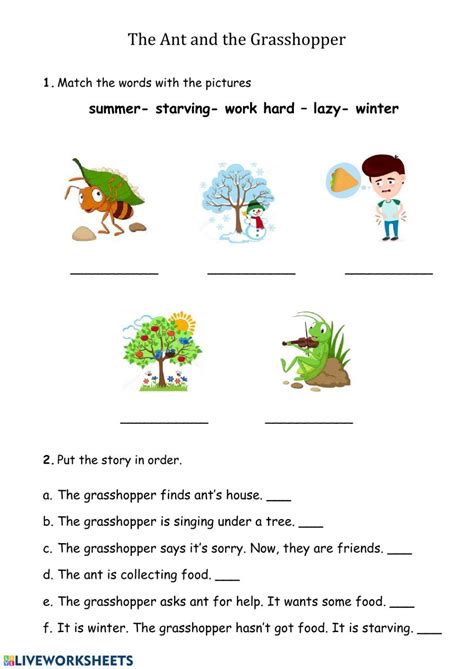 The ant and the grasshopper - Interactive worksheet | 2nd grade worksheets, Worksheets, School ...