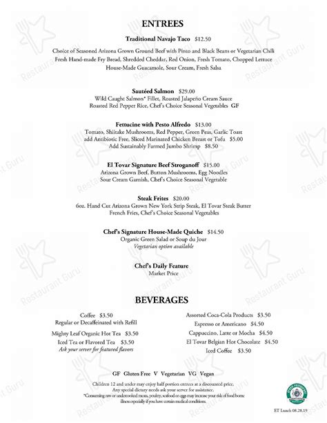 Menu at El Tovar Dining Room pub & bar, Grand Canyon Village, 1 El Tovar Rd