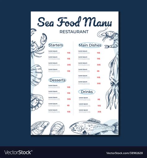 Seafood main menu template mock for cafe Vector Image