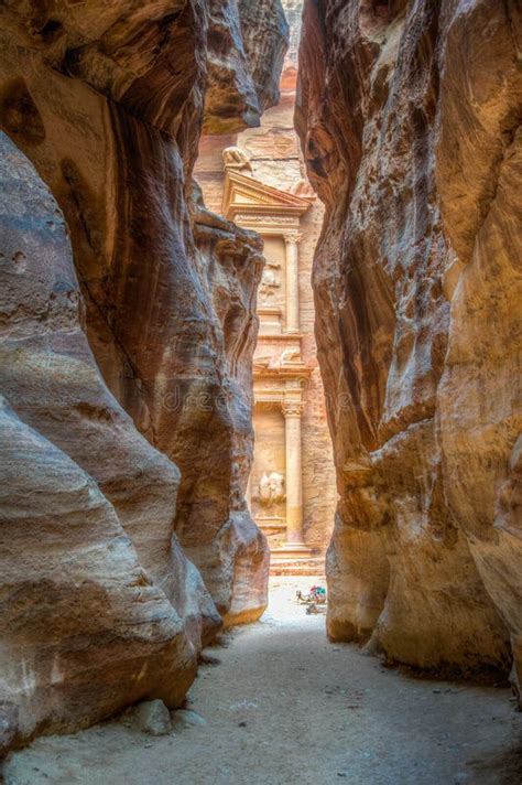 Al Khazneh Tomb View through Narrow Siq Canyon at Petra, Jordan Stock ...