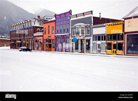 Winter view of Victorian architecture, historic Silverton, Colorado, an old mining town Stock ...