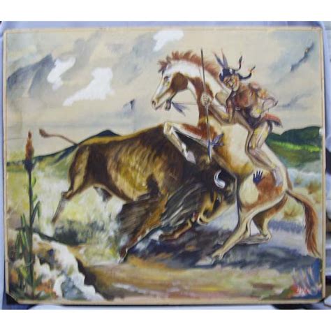 Buffalo Hunt Painting w/ Indian on Horseback