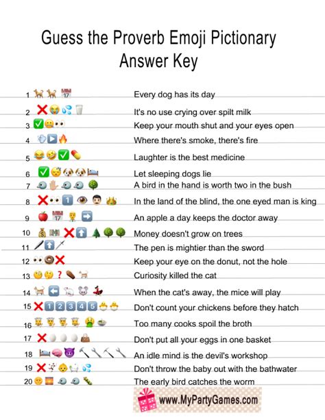 Free Printable Guess the Proverb Emoji Pictionary Quiz